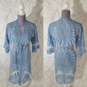 Forgotten Grace Blue Floral Embroidered Lace Open Front Long Cardigan